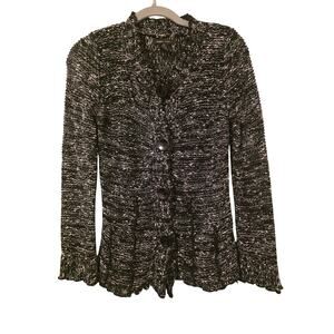 BCBG Max Azria Womens Small Black White Marled Ruffle Knit Cardigan Y2K